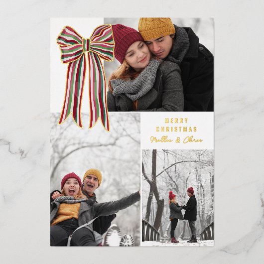 Green Red Big Striped Bow Merry Christmas Photo Folie Feestdagenkaart (Voorkant)