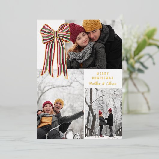 Green Red Big Striped Bow Merry Christmas Photo Folie Feestdagenkaart (Staand Voorkant)