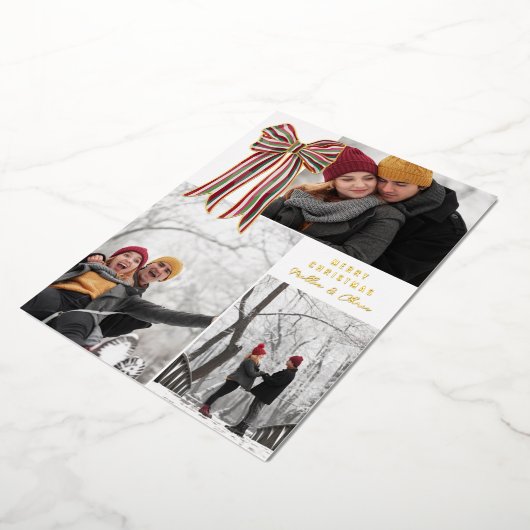 Green Red Big Striped Bow Merry Christmas Photo Folie Feestdagenkaart (Gedraaid)