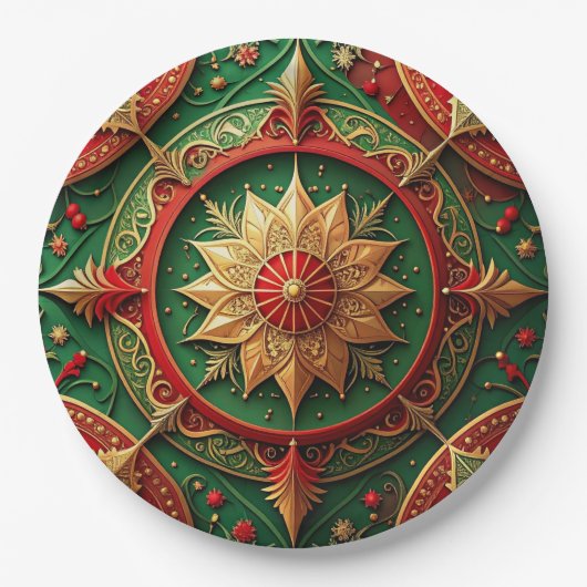 Green Red Decorative Christmas Holiday Paper Plate Papieren Bordje (Voorkant)