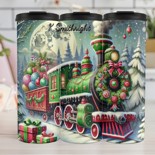 Green Red Festive Train Moonlit Gifts Thermosbeker