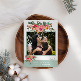 Green Red Floral Voeg je eigen foto kerstmis toe Feestdagenkaart