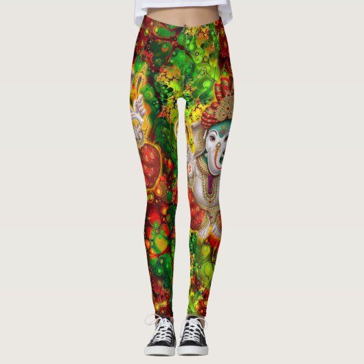Green Red Ganesh Hippie Boho Psychedelic Festival Leggings (Voorkant)