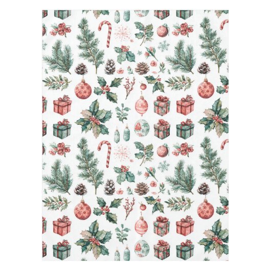 Green Red Holiday Watercolor Pine Berry Whimsical Tafelkleed (Voorkant)