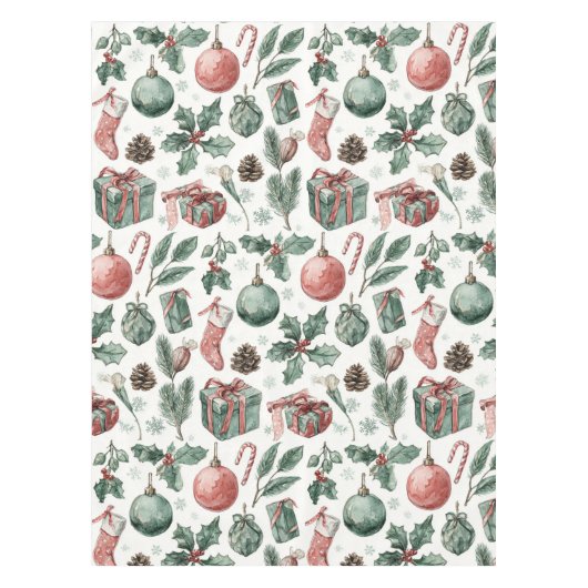 Green Red Holiday Watercolor Pine Berry Whimsical Tafelkleed (Voorkant)