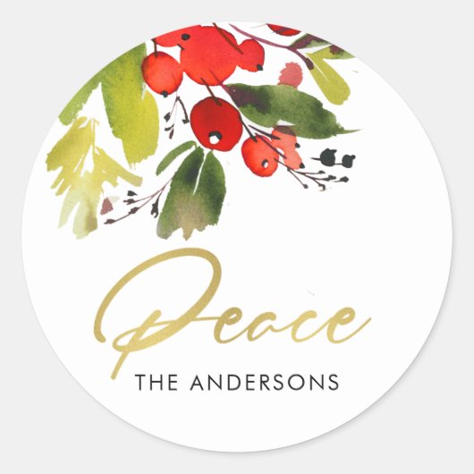 GREEN RED HOLY BERRIES WATERVERF CHRISTMAS PEACE RONDE STICKER (Voorkant)