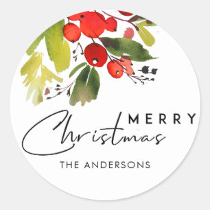 GREEN RED HOLY BERRIES WATERVERF MERRY CHRISTMAS RONDE STICKER