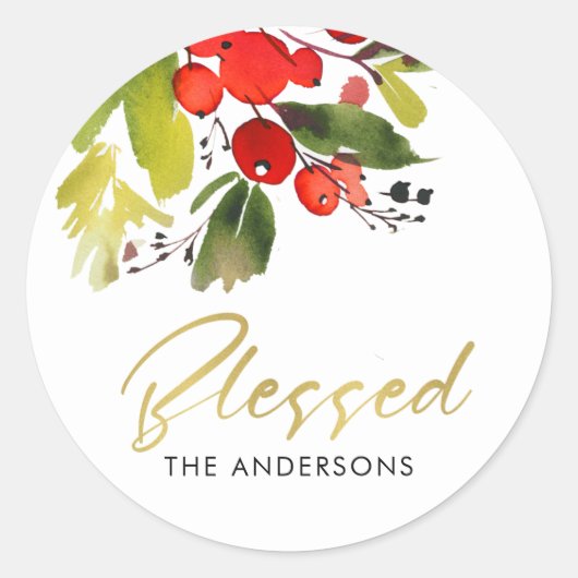 GREEN RED HOLY BERRY WATERVERF CHRISTMAS BLESSED RONDE STICKER (Voorkant)