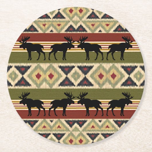 Green Red Ivory Ochre Ethnic Kijk Ronde Kartonnen Onderzetter (Voorkant)