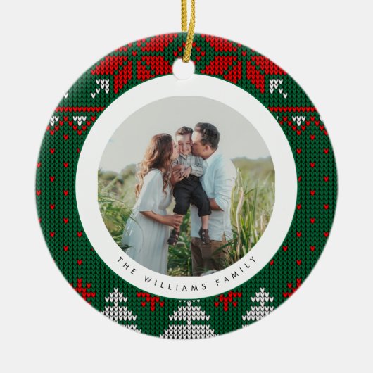 Green & Red Knit Sweater Pattern Photo Keramisch Ornament (Voorkant)