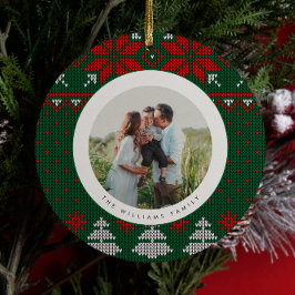 Green & Red Knit Sweater Pattern Photo Keramisch Ornament