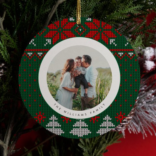 Green & Red Knit Sweater Pattern Photo Keramisch Ornament