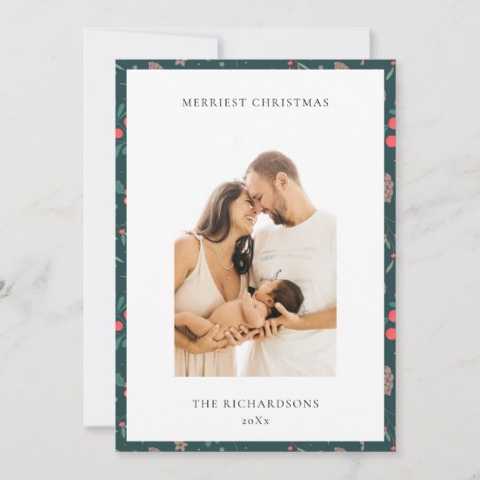 Green Red Merriest Kerstmis Floral Foto Feestdagenkaart (Voorkant)