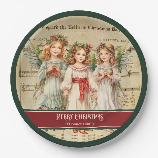 Green Red Merry Christmas Plates Angels Keepsake Papieren Bordje (Voorkant)