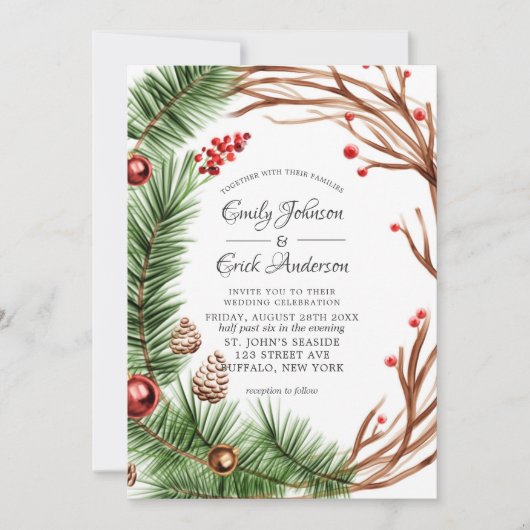 Green Red Pine Branch Wreath Kerstbruiloft Kaart (Voorkant)