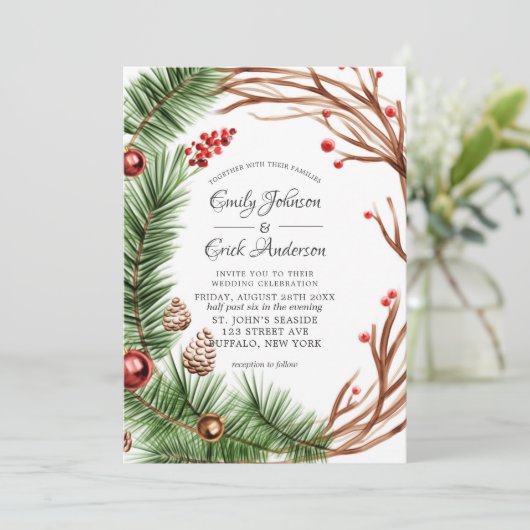Green Red Pine Branch Wreath Kerstbruiloft Kaart (Staand voorkant)