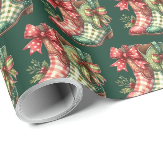 Green Red Plaid Cowboylaarzen Western Kerst Cadeaupapier (Rol Hoek)