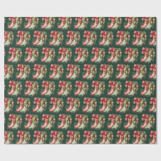 Green Red Plaid Cowboylaarzen Western Kerst Cadeaupapier (Vlak)