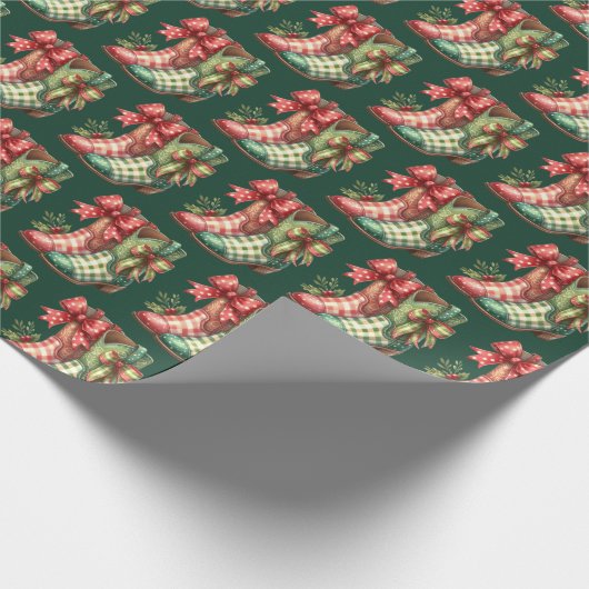 Green Red Plaid Cowboylaarzen Western Kerst Cadeaupapier (Hoek)