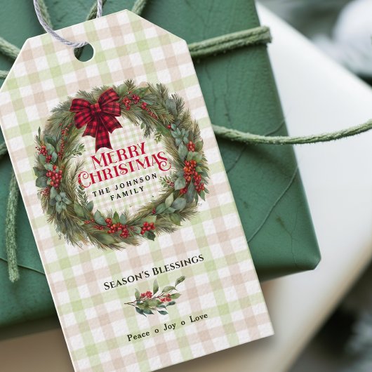 Green Red Plaid Rustieke Boerderij Kerstkrans Cadeaulabel