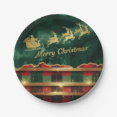 Green Red Plaid Santa Sleigh Merry Christmas Papieren Bordje (Voorkant)