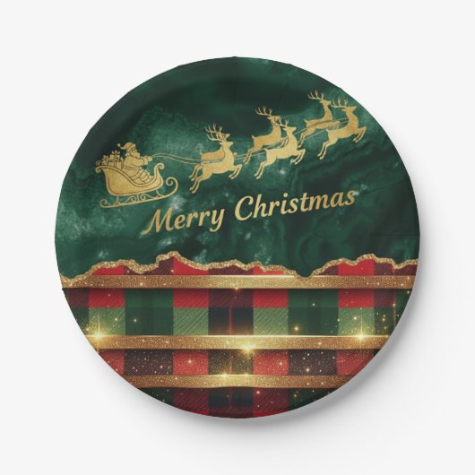Green Red Plaid Santa Sleigh Merry Christmas Papieren Bordje (Voorkant)