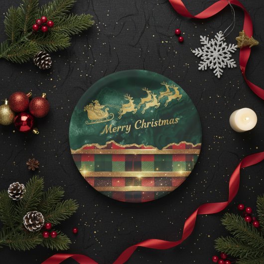 Green Red Plaid Santa Sleigh Merry Christmas Papieren Bordje