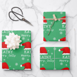 Green Red Santa Hat Snowflake Merry Jolly Kinder Inpakpapier Vel