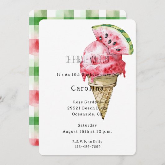 Green Red Watermelon Ice Cream Cone Birthday   Kaart (Voorkant / Achterkant)