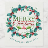 Green Red Waterverf Holly Wreath Merry Kerstmis Wijn Etiket (Enkel label)