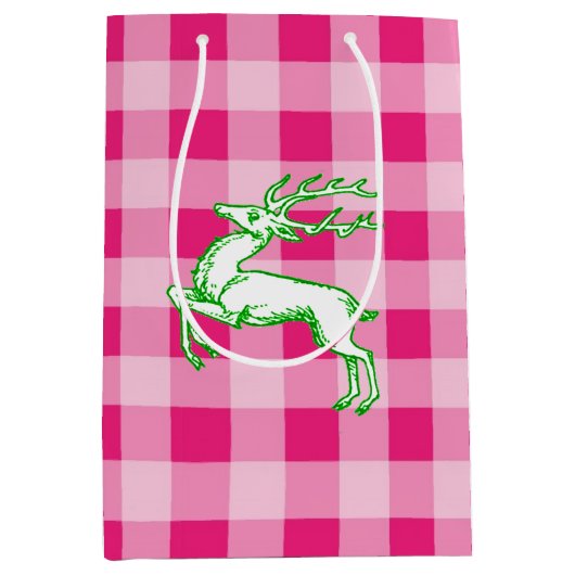 Green Reindeer Pink Gingham Medium Cadeauzakje (Voorkant)