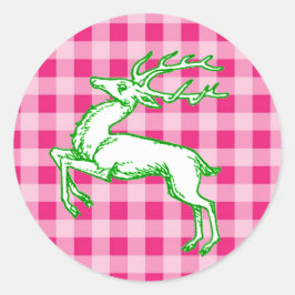 Green Reindeer Pink Gingham Ronde Sticker