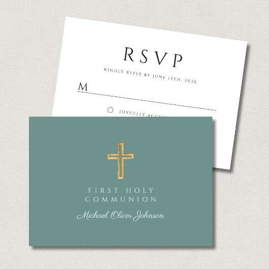 Green Religious Cross Boy First Communion  RSVP Kaartje