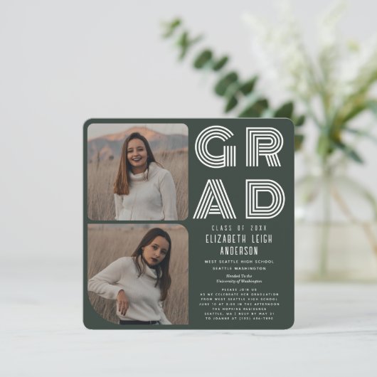 Green Reto Photo Graduation Party Uitnodiging (Staand voorkant)