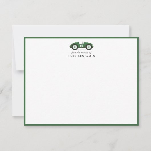 Green Retro Car Nursery Note Card Aankondiging (Voorkant)