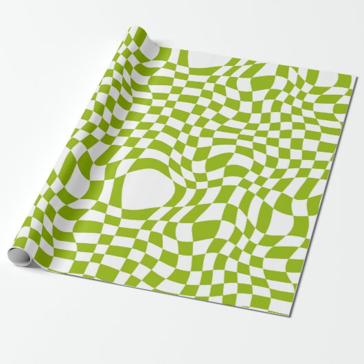 Green Retro Checkered Wave Warp Art Cadeaupapier (Uitgerold)