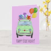 Green Retro Fiat 500 Birthday Kaart (Gele Bloem)