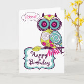Green  Retro Floral Owl Happy Birthday Kaart (Gele Bloem)