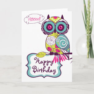 Green  Retro Floral Owl Happy Birthday Kaart