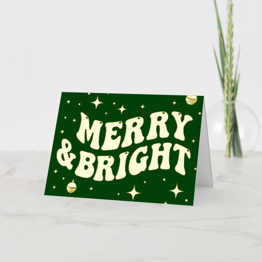 Green Retro Groovy Merry & Bright Christmas Folie Feestdagenkaart (Voorkant)