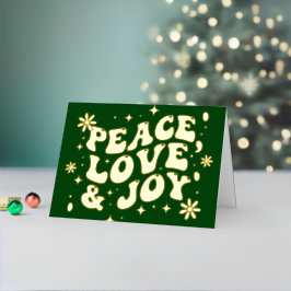 Green Retro Groovy Peace Love Joy Christmas Folie Feestdagenkaart