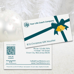 Green Ribbon Bells $10 Christmas Gift Voucher Kaar Visitekaartje