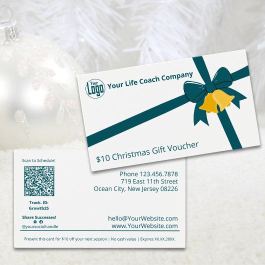 Green Ribbon Bells $10 Christmas Gift Voucher Kaar Visitekaartje