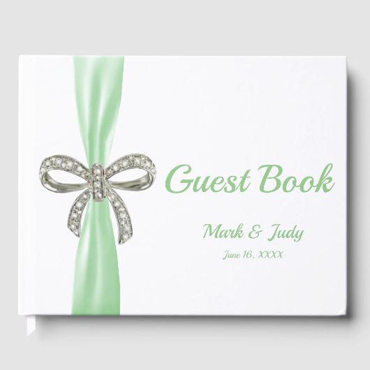 Green Ribbon Diamond Bow Wedding Guestbook Gastenboek (Voorkant)
