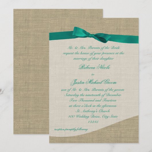 Green Ribbon en Burlap Wedding Kaart (Voorkant / Achterkant)