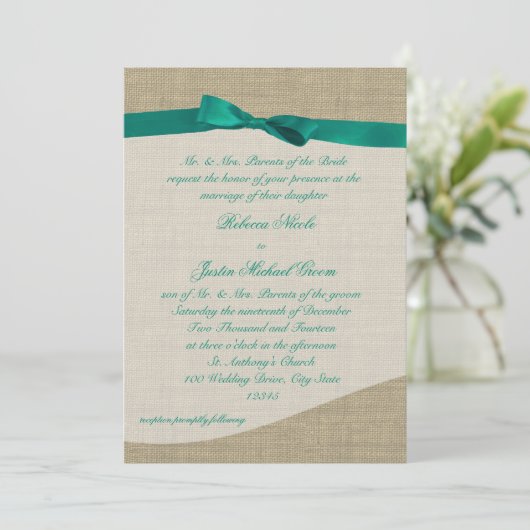 Green Ribbon en Burlap Wedding Kaart (Staand voorkant)
