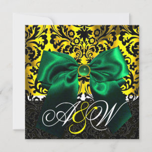 GREEN RIBBON GOLD YELLOW BLACK DAMASK MONOGRAM KAART