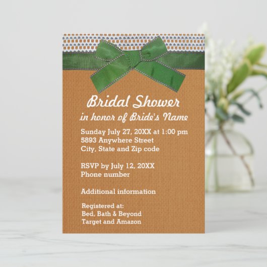 Green Ribbon, kant, Tan Burlap Vrijgezellenfeest I Kaart (Staand voorkant)