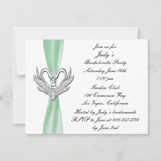 Green Ribbon Silver Swan Bachelorette Party Invite Kaart (Voorkant)