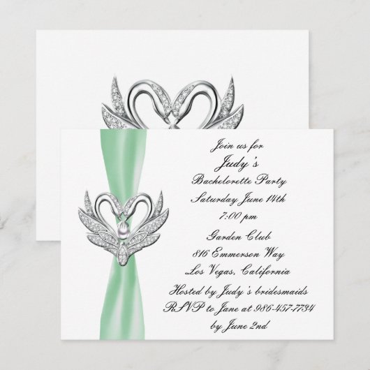 Green Ribbon Silver Swan Bachelorette Party Invite Kaart (Voorkant / Achterkant)